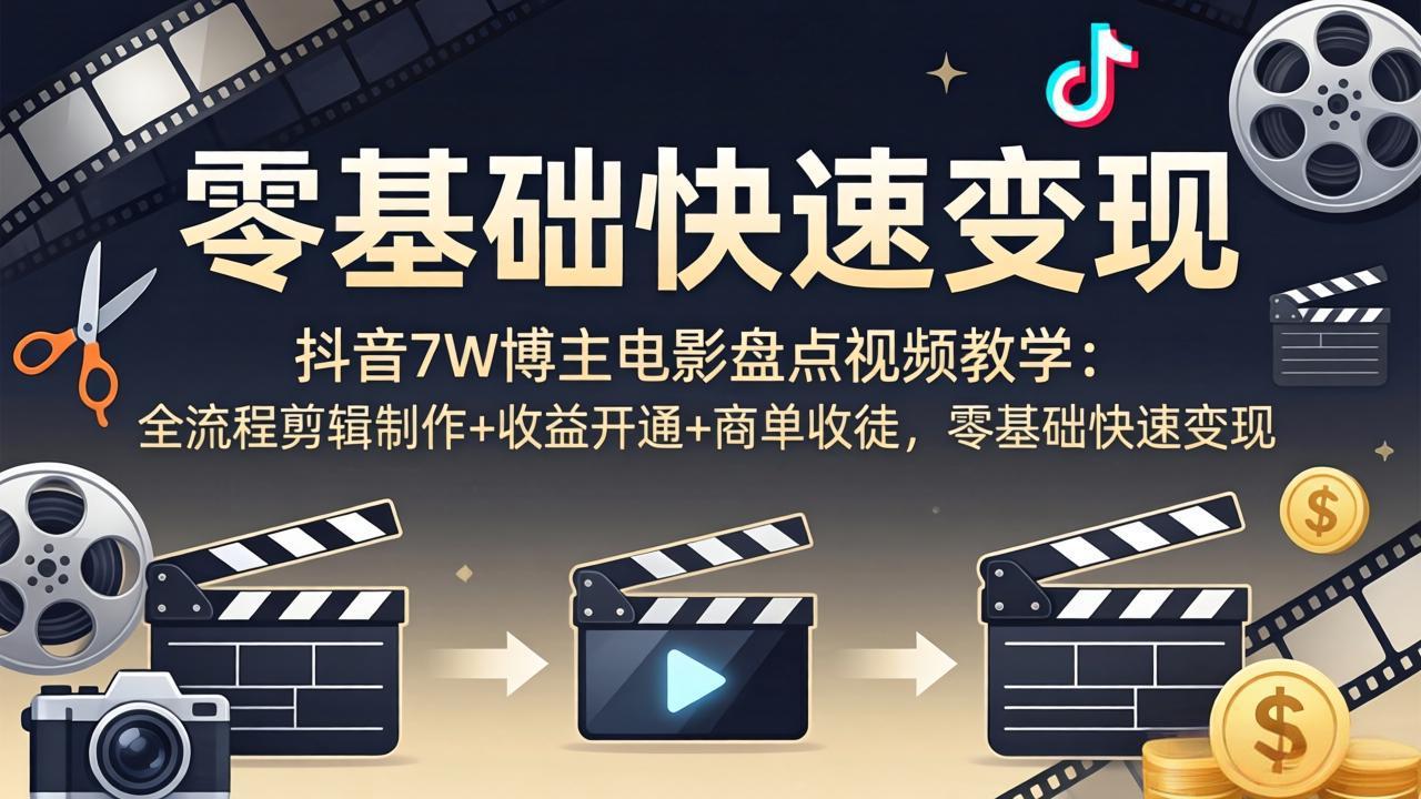 抖音7W博主电影盘点视频教学:全流程剪辑制作+收益开通+商单收徒,零基础快速变现-优优云创网