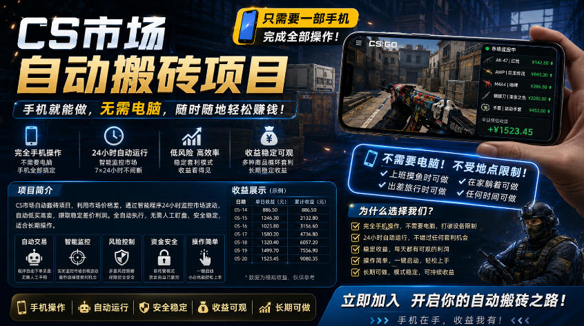 20260507161157608-7b118bca3a1f6d25c4dfefe8ee48ea04 手机即可操作的CS市场自动搬砖系统|自动监控|自动下单|日入300+【揭秘】