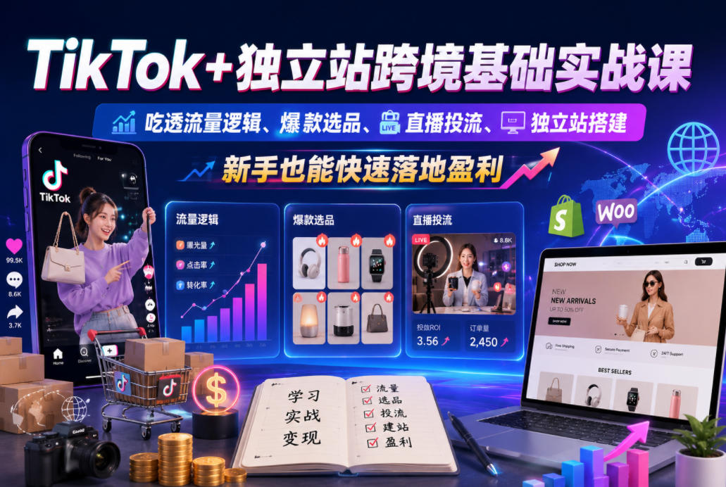 TikTok+独立站跨境基础实战课,吃透流量逻辑、爆款选品、直播投流与独立站搭建,新手也能快速落地盈利-优优云创网