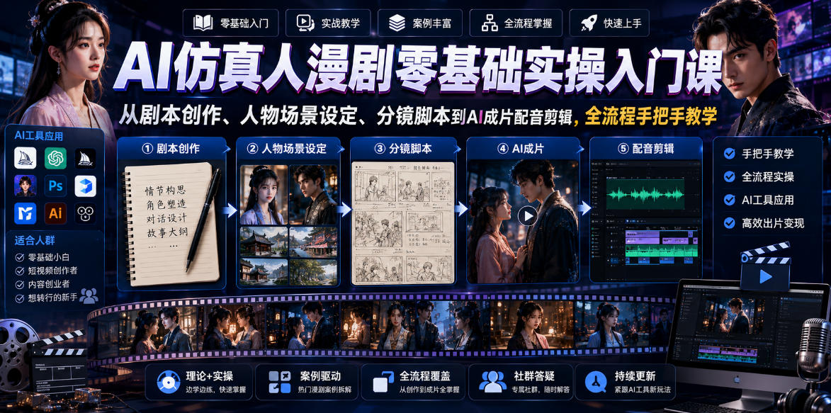 20260610133028333-51fb87f7e0df3a7ebf3958e6b807b226 AI仿真人漫剧零基础实操入门课,从剧本创作、人物场景设定、分镜脚本到AI成片配音剪辑,全流程手把手教学