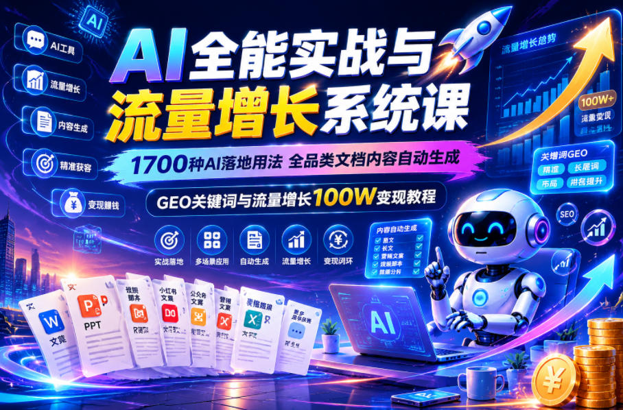20260611080430414-fb402c1b36ea6accc005230b4dbf3cf6 AI全能实战与流量增长系统课,1700种AI落地用法,全品类文档内容自动生成,GEO关键词与流量增长100W变现教程