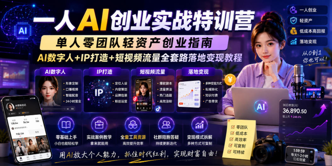 20260611082128628-210170ca3f9638fed831724342e5c2e5 一人AI创业实战特训营,单人零团队轻资产创业指南,AI数字人+IP打造+短视频流量全套路落地变现教程