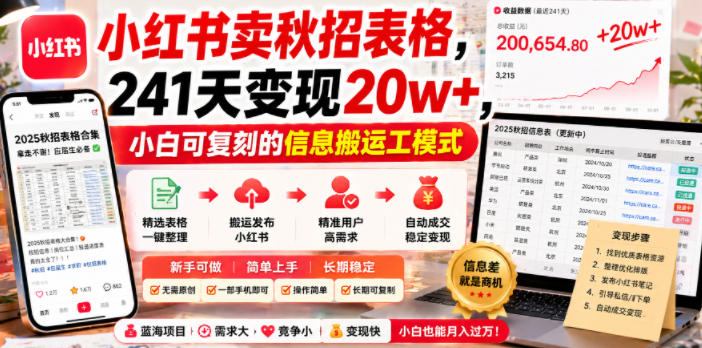 小红书卖秋招表格，241天变现20w+，小白可复刻的信息搬运工模式-优优云创网