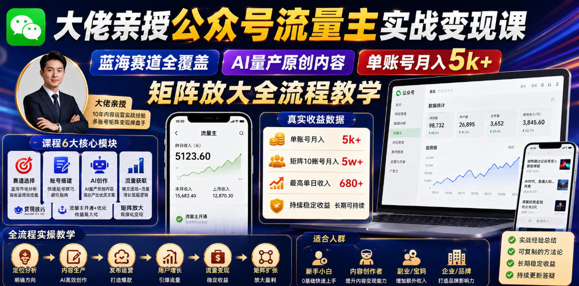 20260612181230381-9a5ce2927ccd98db598271847ac8f6ac 大佬亲授公众号流量主实战变现课,蓝海赛道全覆盖,AI量产原创内容,单账号月入5k+矩阵放大全流程教学