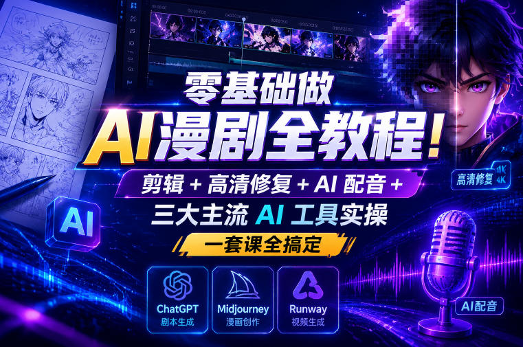 20260613122227337-1b9d6cc024905596372dfa0096eee7f6 零基础做AI漫剧全教程!剪辑+高清修复+AI配音+三大主流AI工具实操,一套课全搞定