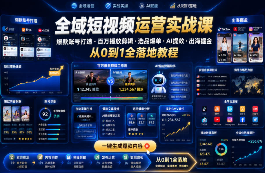 全域短视频运营实战课，爆款账号打造・百万播放剪辑・选品爆单・AI提效・出海掘金，从0到1全落地教程-优优云创网