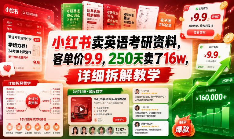 20260615120929932-165a65251ba5094ff5dada462d52dc09 小红书卖英语考研资料,客单价9.9,250天卖了16w,详细拆解教学