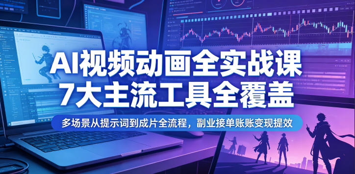 AI视频动画全实战课，7大主流工具全覆盖，多场景从提示词到成片全流程，副业接单账号变现提效-优优云创网