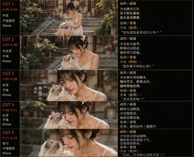 20260616141331693-9fe7aab24ced45d0517bc11c894c9c88 美女和猫故事提示词,人物一致性提示词+故事板