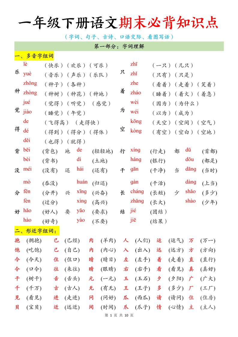 一年级下册语文期末必背知识点-优优云创网