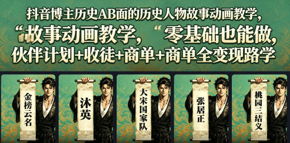 20260619181942897-1a13baaed2b34c6b996f282cd92e06f4 抖音博主历史AB面的历史人物故事动画教学,零基础也能做,伙伴计划+收徒+商单全变现路径教学