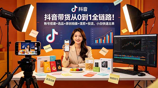 抖音带货从0到1全链路!账号搭建+选品+原创拍摄+混剪+投流,小白快速出单-优优云创网
