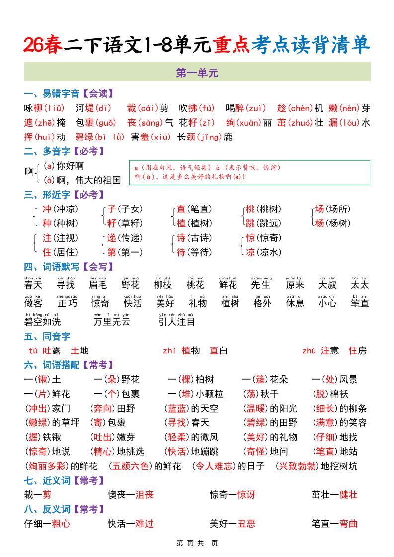 二年级下语文期末复习1-8单元重点考点读背清单-优优云创网