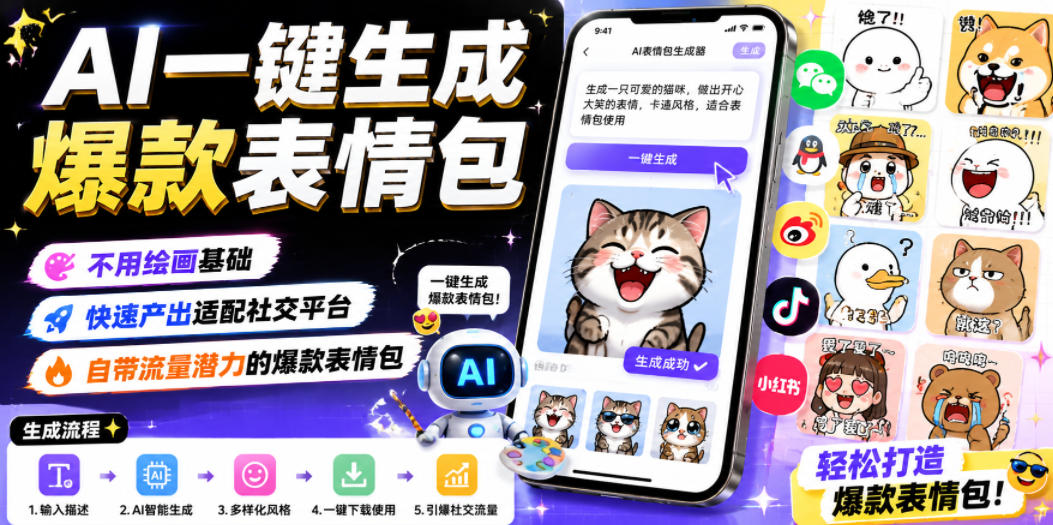 20260620202131399-7516c46fd950ec35dd7cf125df482f95 AI一键生成爆款表情包,不用绘画基础,快速产出适配社交平台,自带流量潜力的爆款表情包