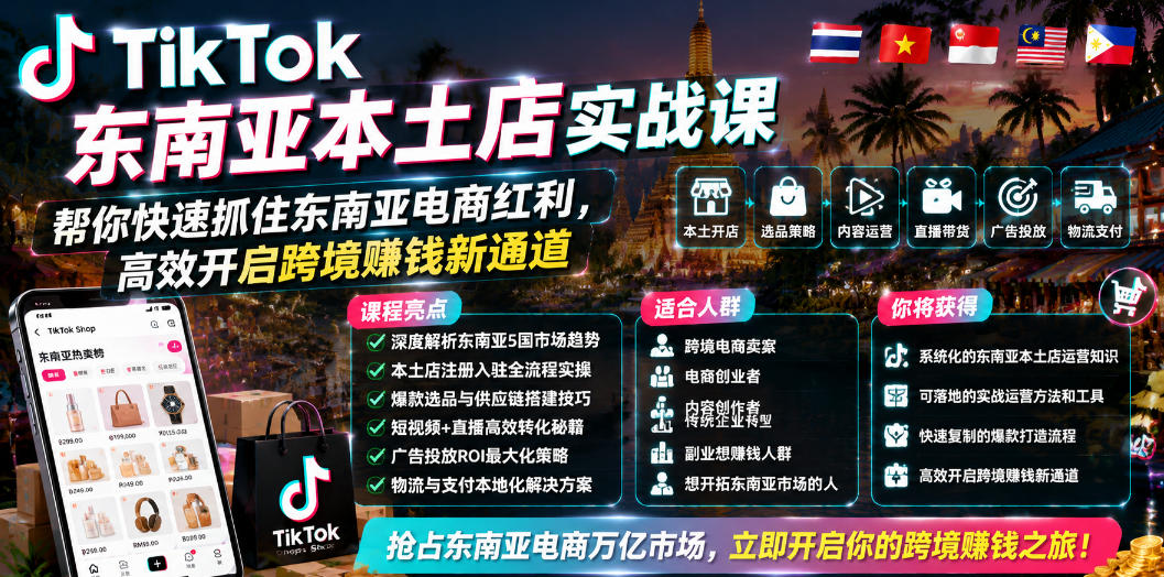 TikTok东南亚本土店实战课，帮你快速抓住东南亚电商红利，高效开启跨境賺钱新通道-优优云创网