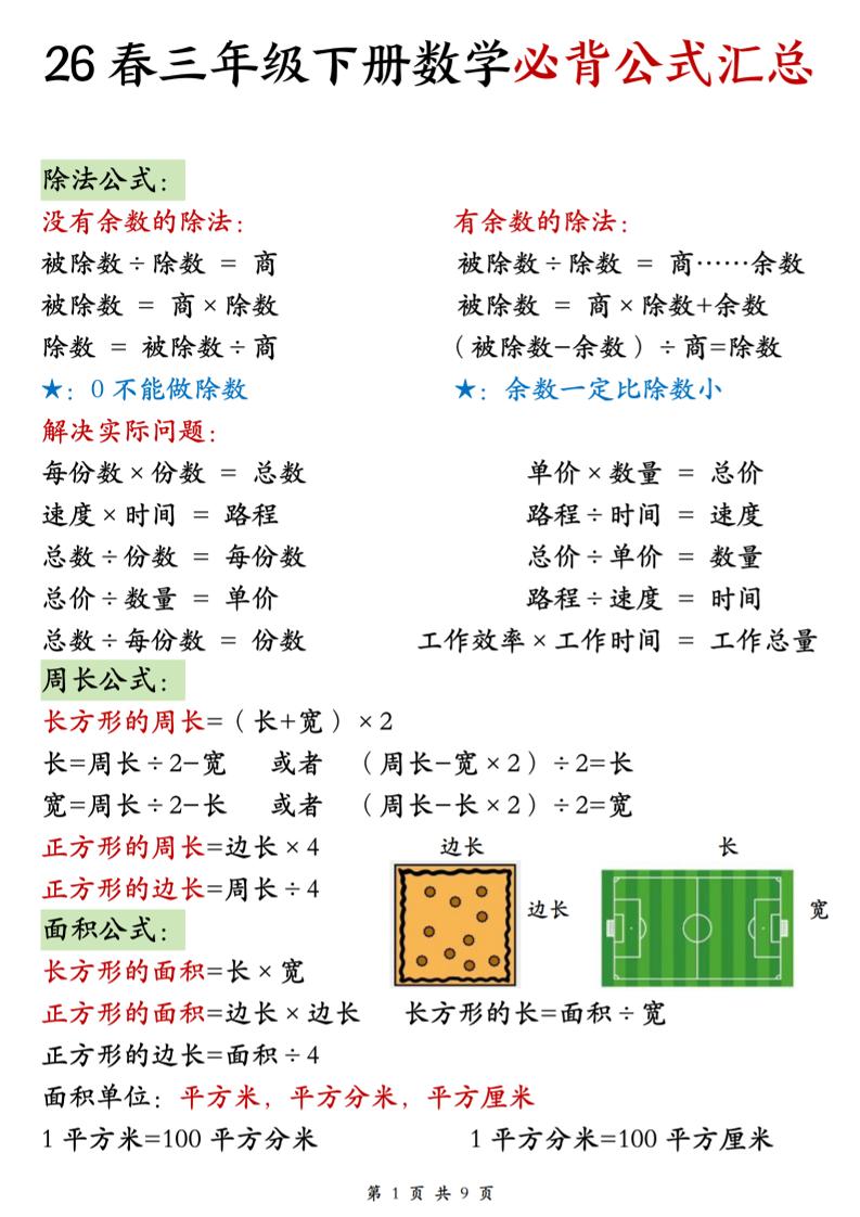 26春三年级下数学期末必背公式汇总-优优云创网