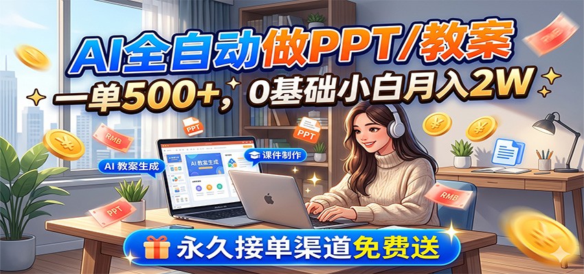 AI全自动做PPT/教案,一单500+,0基础小白月入2W,永久接单渠道免费送-优优云创网