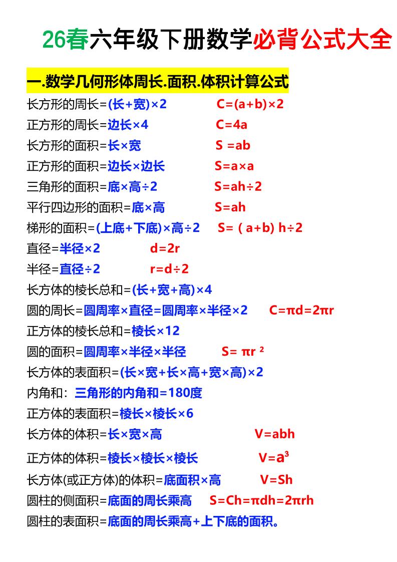 26春六年级下数学期末必背公式大全-优优云创网