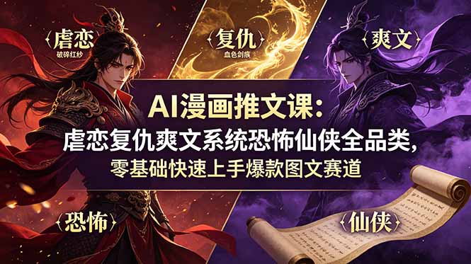 AI漫画推文课：虐恋复仇爽文系统恐怖仙侠全品类，零基础快速上手爆款图文赛道-优优云创网