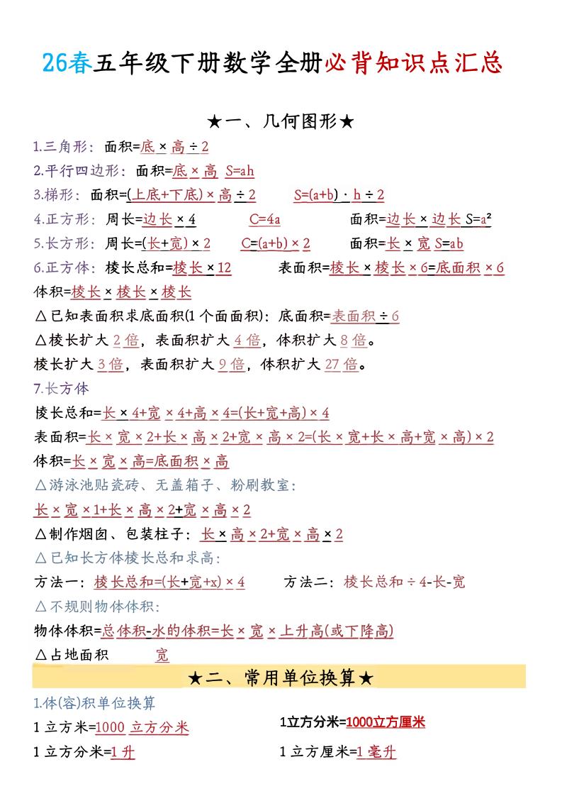 26春五年级下数学期末必背公式汇总-优优云创网