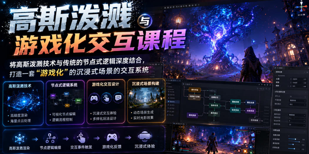 20260628121213685-aa6c5066d4b79a9540402c87acd9eb4e 高斯泼溅与游戏化交互课程,将高斯泼溅技术与传统的节点式逻辑深度结合,打造一套“游戏化”的沉浸式场景的交互系统