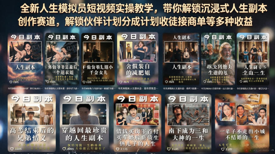 20260629141515165-147691b49f136062f29340bd119750b6 全新人生模拟员短视频实操教学,带你解锁沉浸式人生副本创作赛道,解锁伙伴计划分成计划收徒接商单等多种收益