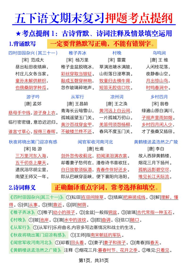 26春五年级下语文期末复习押题考点提纲-优优云创网