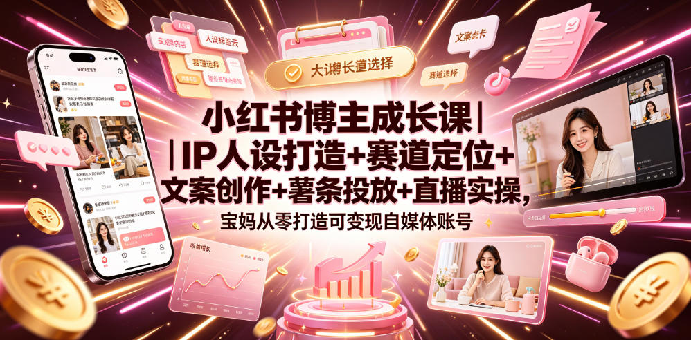 小红书博主成长课|IP人设打造+赛道定位+文案创作+薯条投放+直播实操,宝妈从零打造可变现自媒体账号-优优云创网
