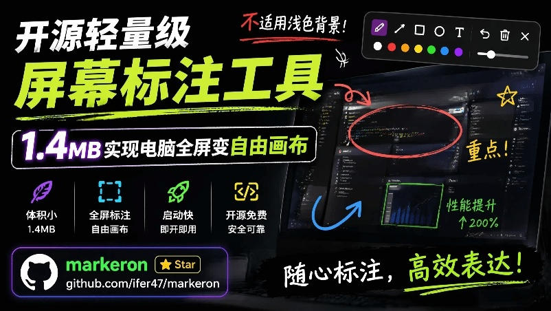 开源轻量级屏幕标注工具,1.4MB实现电脑全屏变自由画布!支持8种标注工具和全键盘操控MarkerOn-优优云创网