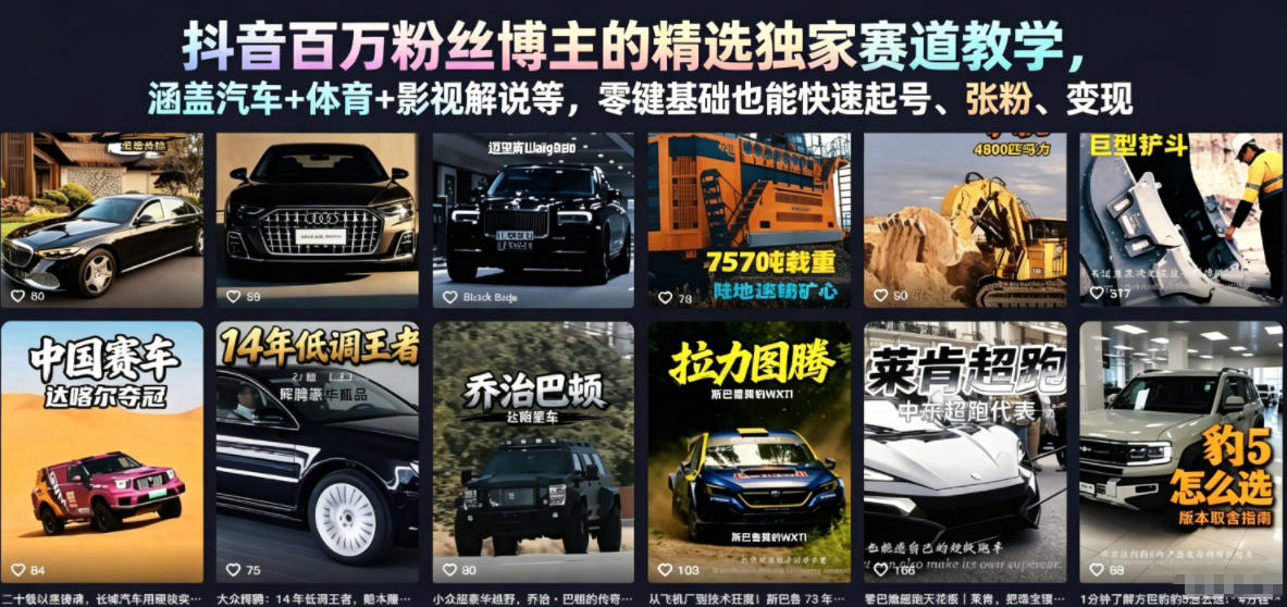 抖音百万粉丝博主的精选独家赛道教学,涵盖汽车+体育+影视解说等,零基础也能快速起号、涨粉、变现(更新0701)-优优云创网