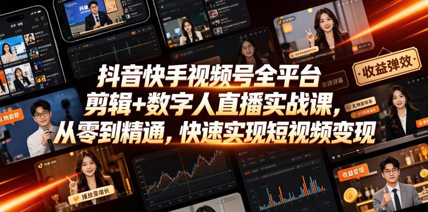 抖音快手视频号全平台剪辑+数字人直播实战课,从零到精通,快速实现短视频变现(更新2026年6月)-优优云创网