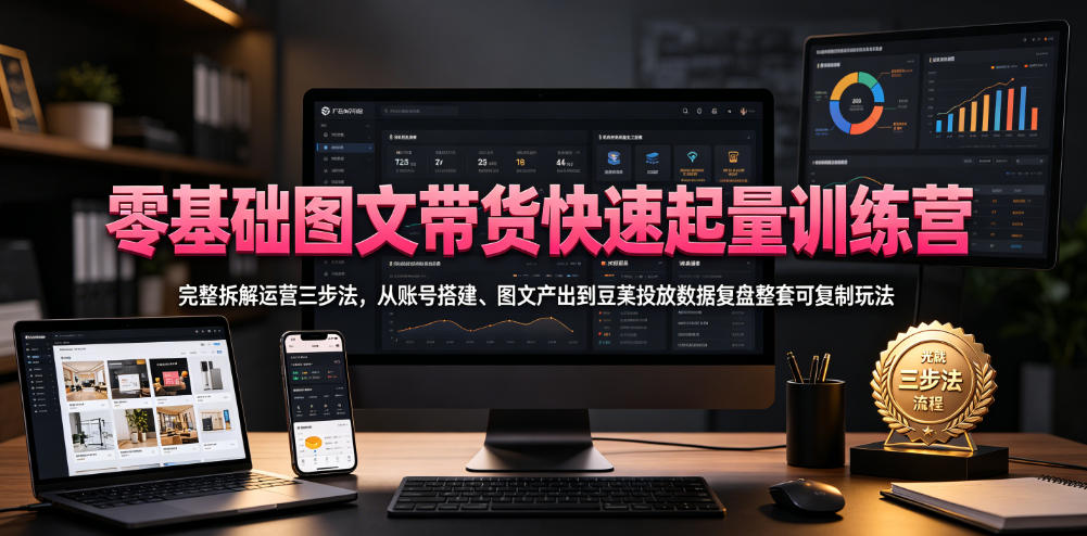 20260702124328564-3611ae76c10ed0925330e895b7b8c29d 零基础图文带货快速起量训练营,完整拆解运营三步法,从账号搭建、图文产出到豆荚投放数据复盘整套可复制玩法