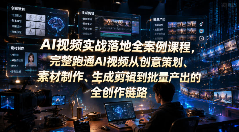 AI视频实战落地全案例课程，完整跑通AI视频从创意策划、素材制作、生成剪辑到批量产出的全创作链路-优优云创网