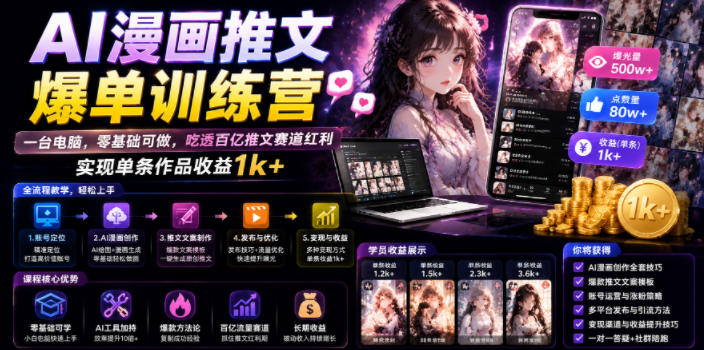 20260703140902442-cce942d54c22222fac74fc836b1611b4 AI漫画推文爆单训练营,一台电脑,零基础可做,吃透百亿推文赛道红利,实现单条作品收益1k+