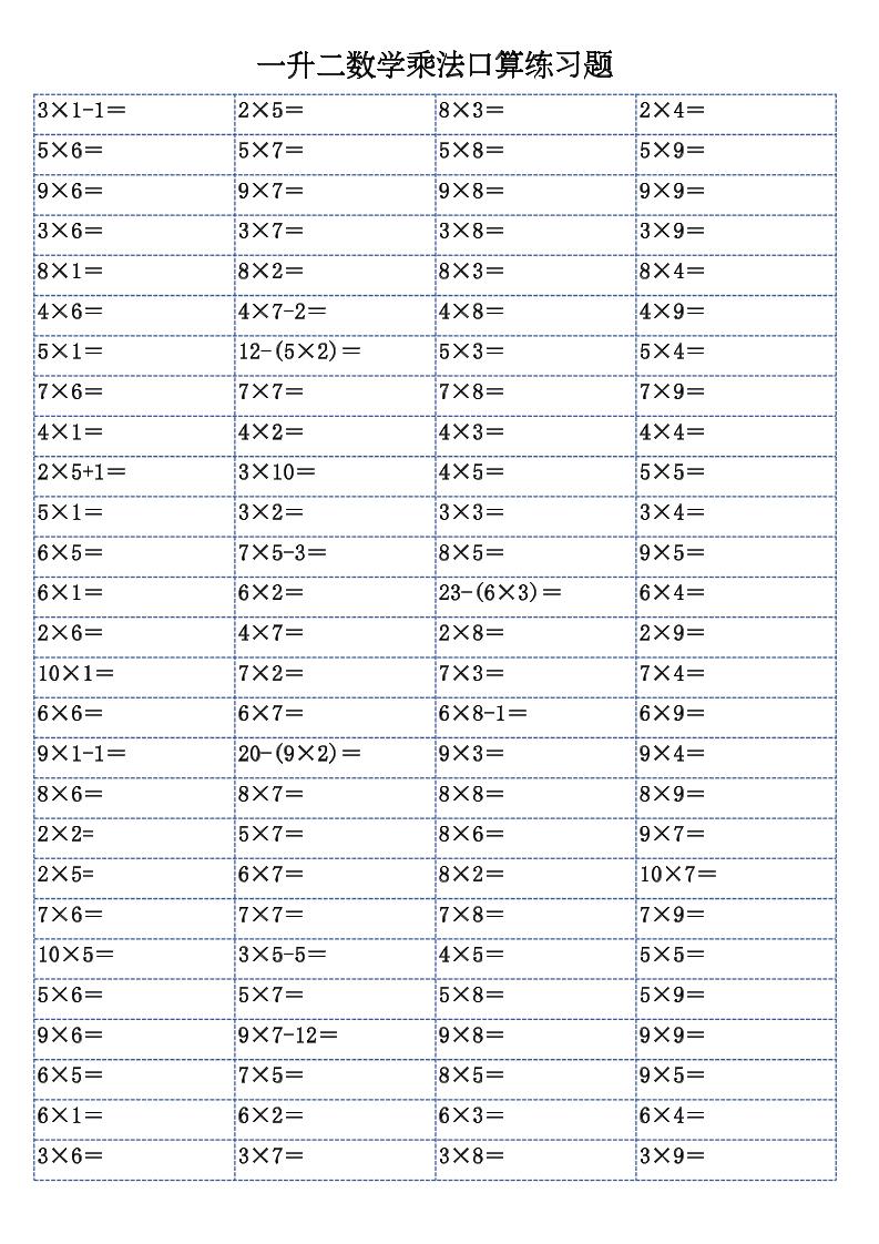 一升二数学乘法口算练习题-二上-优优云创网