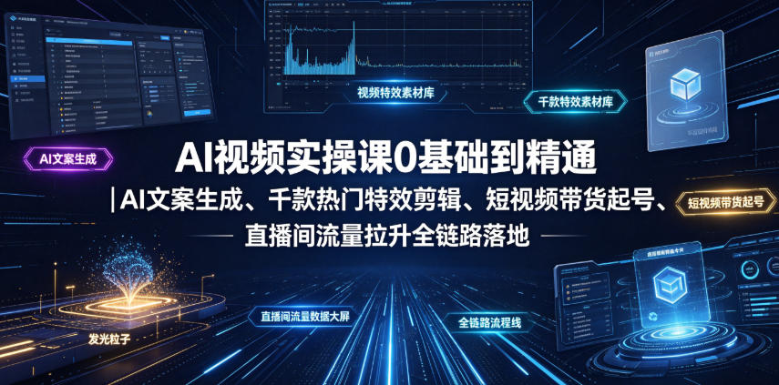 AI视频实操课0基础到精通|AI文案生成、千款热门特效剪辑、短视频带货起号、直播间流量拉升全链路落地-优优云创网