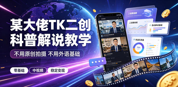 某大佬TK二创科普解说教学，不用原创拍摄不用外语基础，零基础做TikTok中视频稳定变现-优优云创网