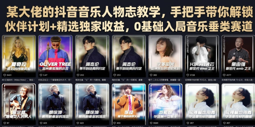 某大佬的抖音音乐人物志教学，手把手带你解锁伙伴计划+精选独家收益，0基础入局音乐垂类赛道-优优云创网