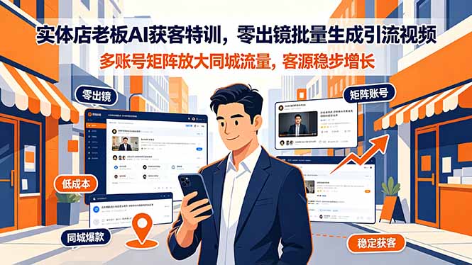 实体店老板AI获客特训，零出镜批量生成引流视频，多账号矩阵放大同城流量，客源稳步增长-优优云创网