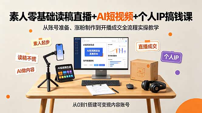 素人零基础读稿直播+AI短视频+个人IP搞钱课，从账号准备、涨粉制作到开播成交全流程实操教学-优优云创网