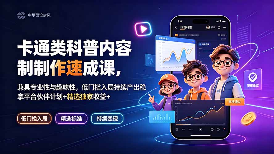 卡通类科普内容制作速成课,兼具专业性与趣味性,低门槛入局持续产出稳拿平台伙伴计划+精选独家收益-优优云创网