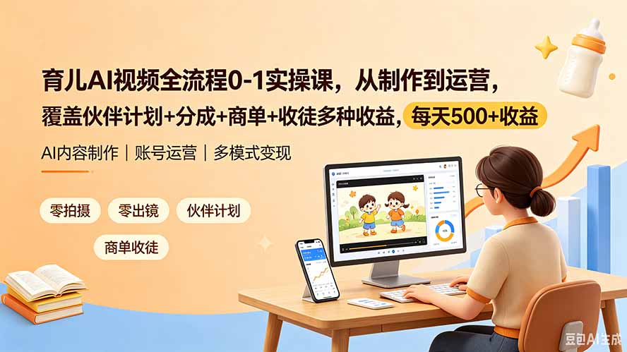 育儿AI视频全流程0-1实操课，从制作到运营，覆盖伙伴计划+分成+商单+收徒多种收益，每天500+收益-优优云创网