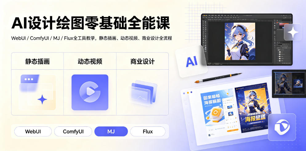 AI设计绘图零基础全能课｜WebUI/ComfyUI/MJ/Flux全工具教学，静态插画、动态视频、商业设计全流程-优优云创网