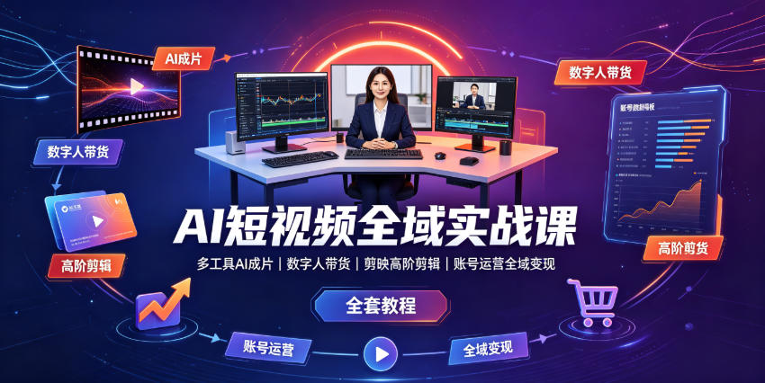 AI短视频全域实战课｜多工具AI成片、数字人带货、剪映高阶剪辑、账号运营全域变现全套教程-优优云创网