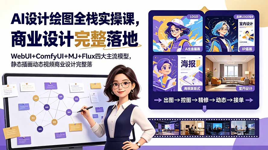 AI设计绘图全栈实操课,WebUI+ComfyUI+MJ+Flux四大主流模型,静态插画动态视频商业设计完整落地教程-优优云创网