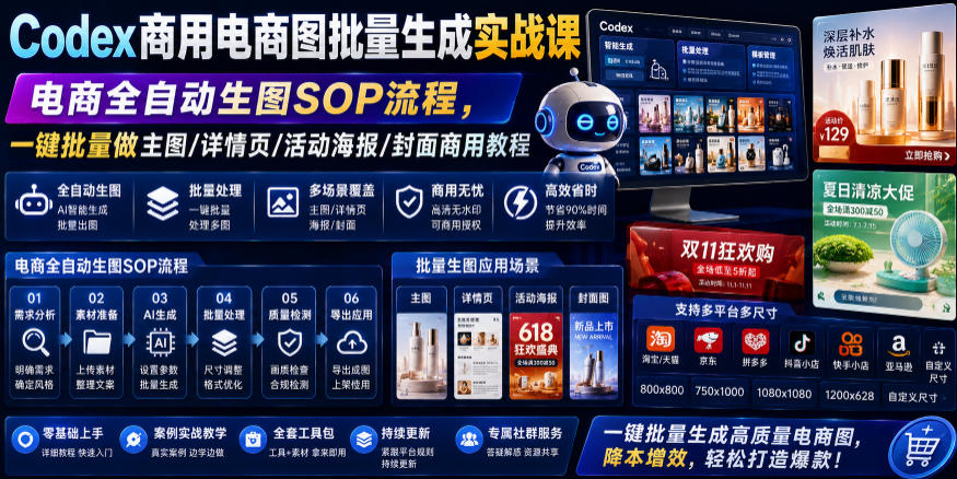 Codex商用电商图批量生成实战课|电商全自动生图SOP流程,一键批量做主图/详情页/活动海报/封面商用教程-优优云创网