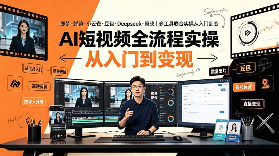 AI短视频全流程实操:即梦·蝉镜·小云雀·豆包·Deepseek·剪映|多工具联合实操从入门到变现-优优云创网