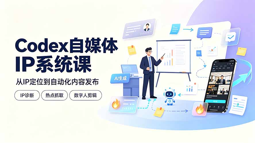 Codex自媒体IP系统课：IP诊断/热点抓取/IP蒸馏 Skill，爆款复刻数字人多平台自动发布教程-优优云创网