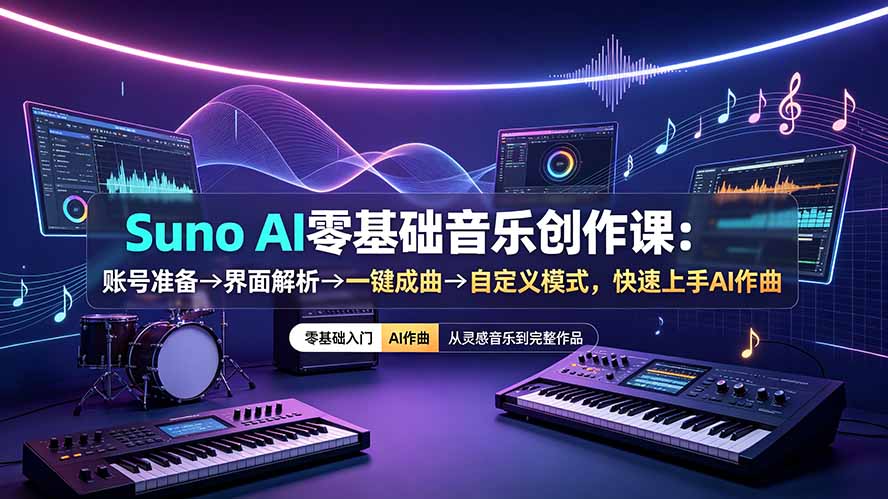 Suno AI零基础音乐创作课：账号准备→界面解析→一键成曲→自定义模式，快速上手AI作曲-优优云创网