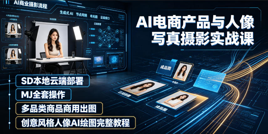 AI电商产品与人像写真摄影实战课｜SD本地云端部署、MJ全套操作、多品类商品商用出图、创意风格人像AI绘图完整教程-优优云创网
